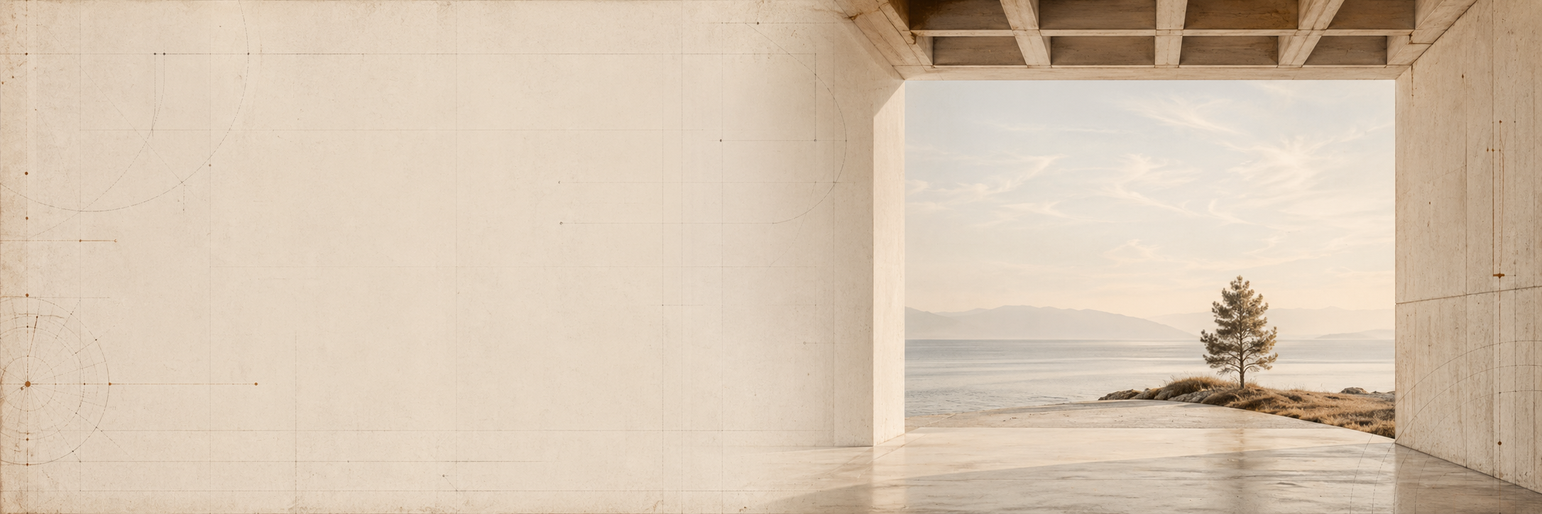 A sunlit threshold opening onto a quiet coastal horizon and a single tree.